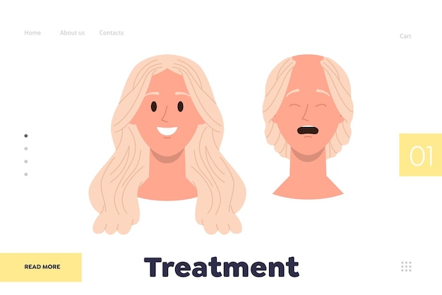 Vector landing page design website template for online medical service advertising treatment method of female alopecia disease hair thinning and baldness therapy hairline regrowth and restoration