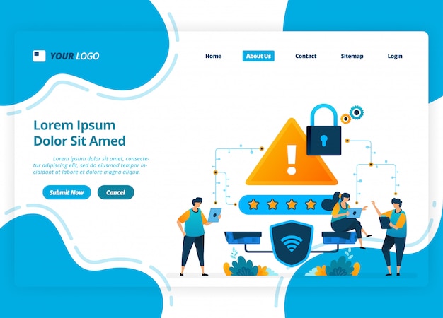  landing page design of wifi network security. protection rating on internet security networks.  