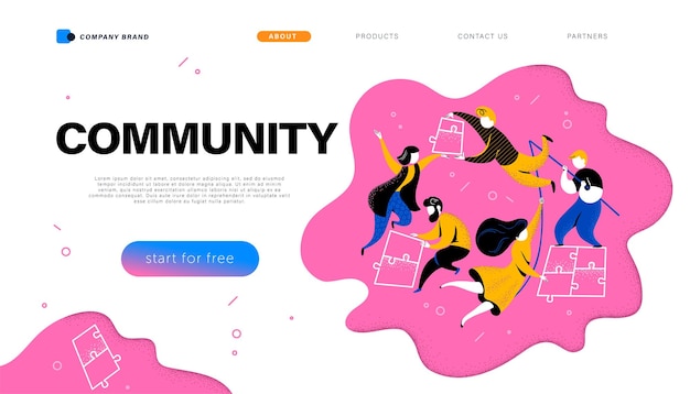 Vector landing page design with community concept people put together puzzle pieces connection metaphor mobile app website template ui vector flat abstract illustration