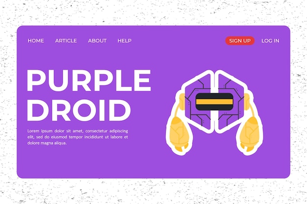 ウェブサイトのテンプレートのかわいい紫色のロボットのイラストとランディングページのデザイン