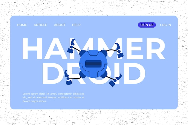 ウェブサイトのテンプレートの青い色のハンマーロボットのイラストとランディングページのデザイン