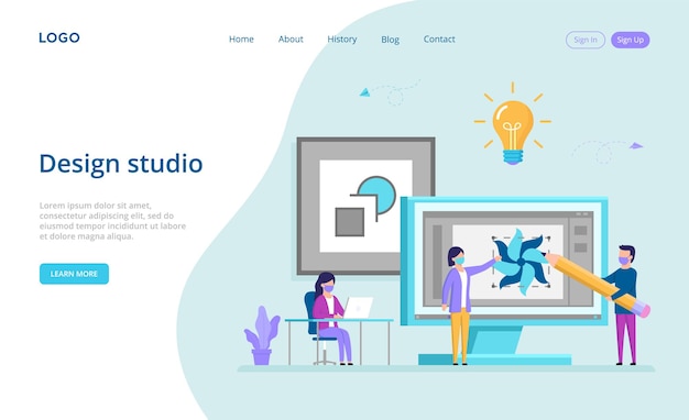 Vector landing page in flat style with writings and buttons