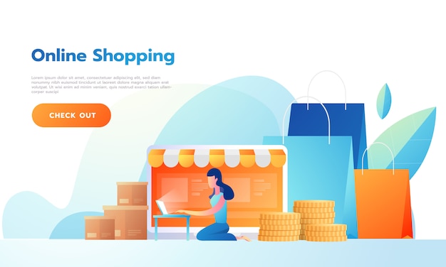 Landing page Happy female selling products online or shopping online. vector illustrations. Interacting people