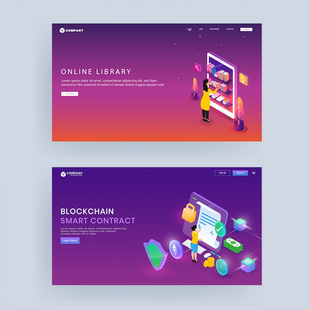 Landing Page or Hero Shot Design for Online Library, Block Chain Smart Contract Concept.