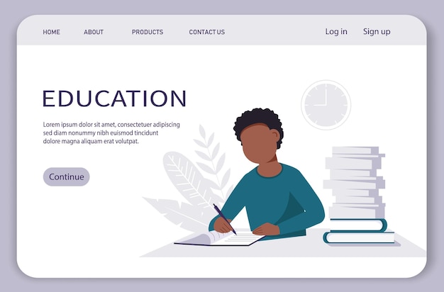 Vector landing page home office concept a black man working from home student