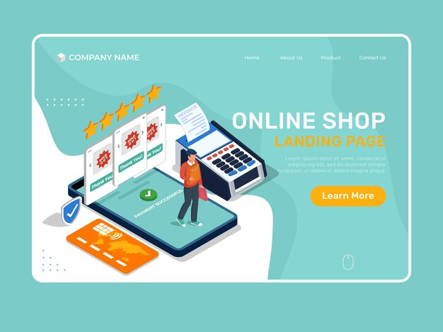 Vector landing page illustration of online shop with man buying with cell phone.