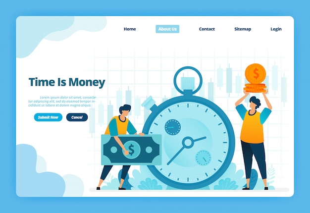 Landing page Illustration of time is money. Financial management for financial investment and currency exchange
