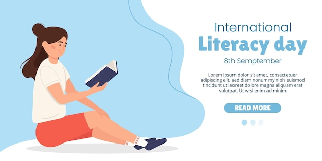 Landing page international literacy day concept Woman reading a book while sitting