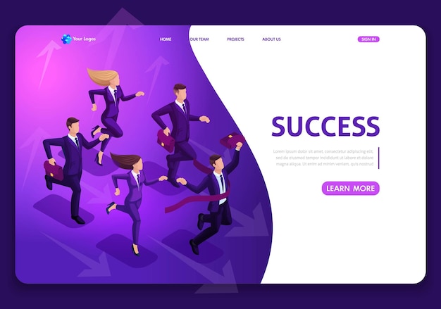 Landing page isometric business success concept imprenditore uomo d'affari leader imprenditore e il suo team progettazione del modello del sito web facile da modificare e personalizzare