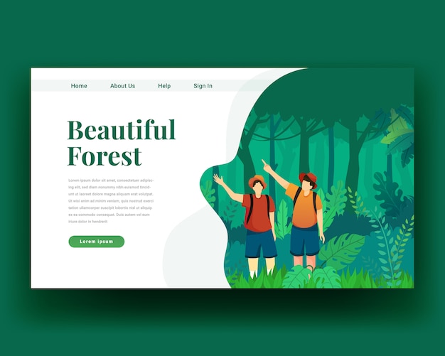 Vector landing page landing page of two character walk in the forest with backpack