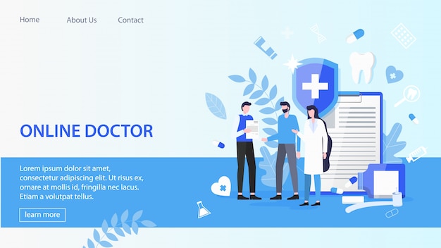 Vector landing page. man patient with woman medic online doctor service vector illustration