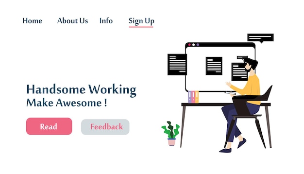 Landing page man working vector template design illustration