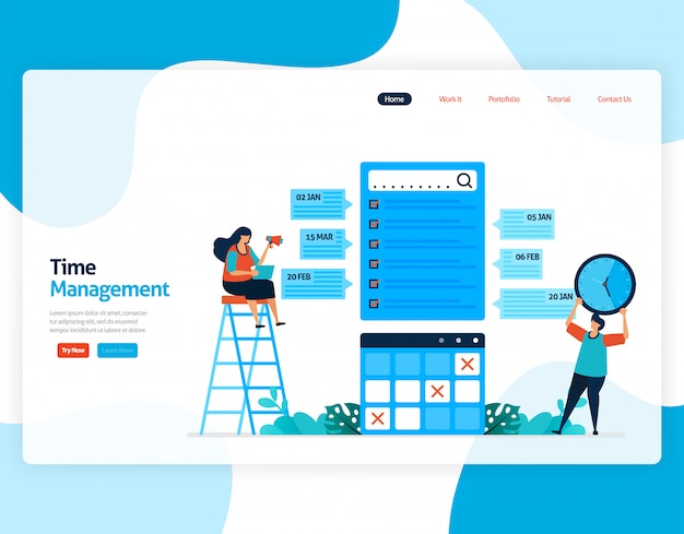 Целевая страница управления временем и планирования рабочих мест проекта, планирование и управление работой в срок, нехватка времени в бизнесе, работа со временем.