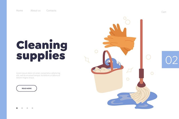 Vector landing page offering cleaning supplies and protective gears household equipment assortment website vector illustration for online shop store advertising antibacterial sanitizer for floor washing