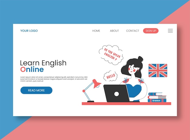 Vector landing page for online english language school female character studying on laptop via internet