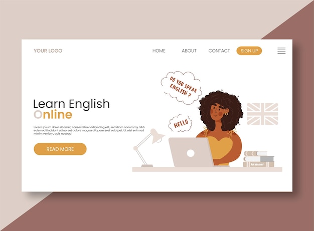 Vector landing page for online english language school female character studying on laptop via internet