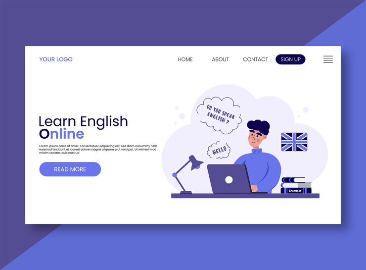 Vector landing page for online english language school man character studying on laptop via internet
