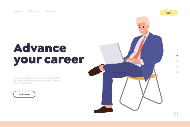 Servizio online di landing page che offre corsi di formazione e corsi aziendali per far avanzare la tua carriera modello di sito web con un personaggio di giovane uomo d'affari che utilizza il laptop per l'e-learning e studia con l'allenatore