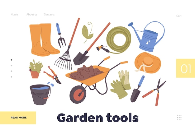 Landing page online service offering variety in assortment of garden tools for work in orchard Agriculture and horticulture item using for cultivating and caring plant vegetation vector illustration