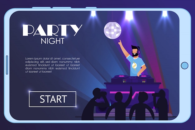 Landing page on phone screen advertise party night