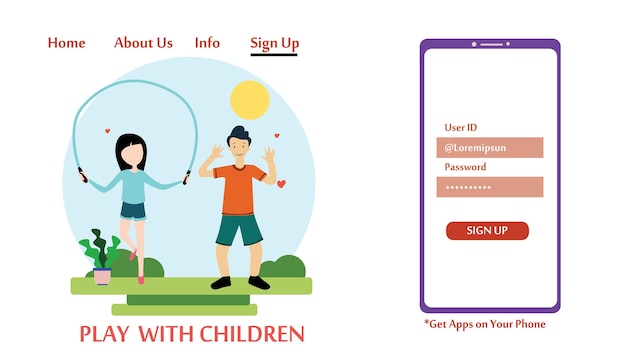 아이들과 함께하는 방문 페이지 플레이, 웹사이트 템플릿 및 모바일 웹사이트 개발을 위한 Kids Zone 현대적인 벡터 일러스트레이션 개념