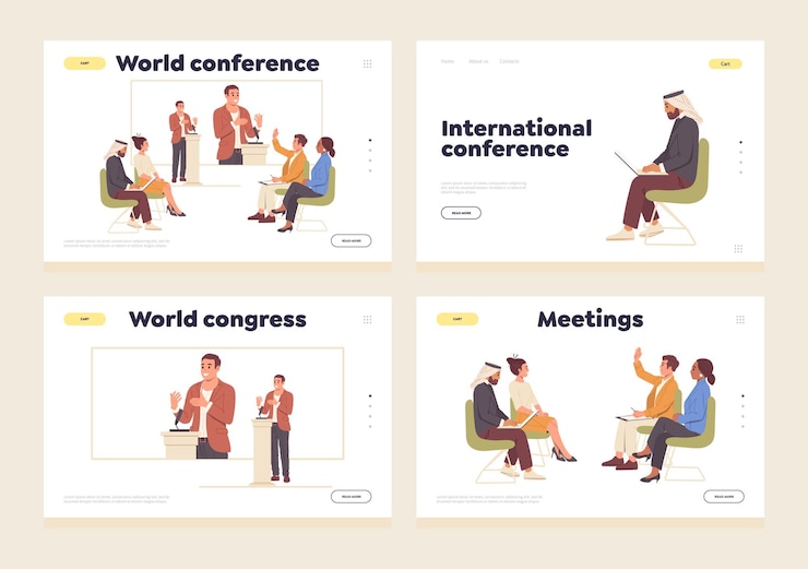 Vector landing page set for online service offers platform to hold remote international business conference