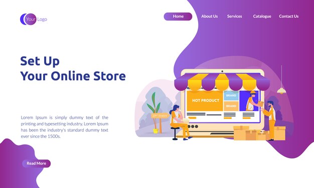 Vector landing page of set up online store