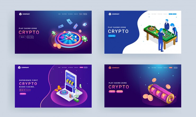 Vector landing page set with illustration of gambler characters, roulette wheel, slot machine and crypto coins for play casino using crypto.