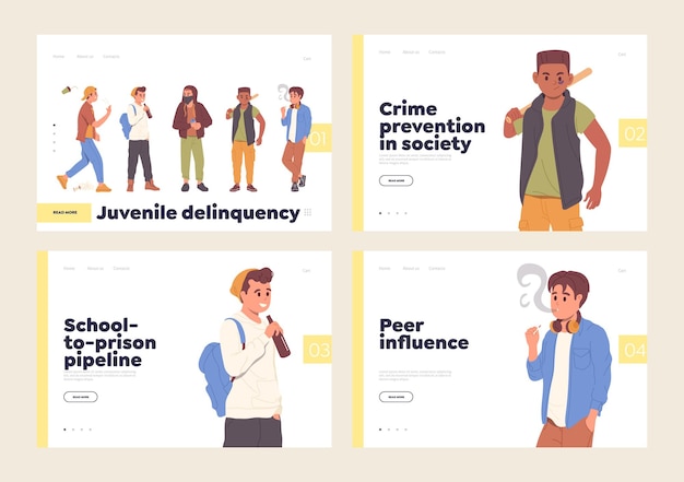 Vector landing page set with juvenile delinquency teenager crime and difficulties in children education