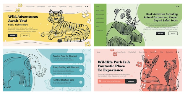 Vector landing page set with wildlife park advertising