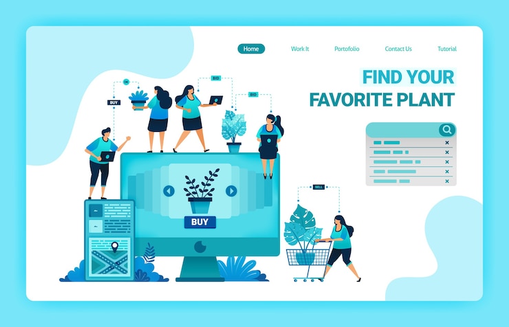 Vector landing page of shop and find plants at best prices. e-commerce and delivery service with mobile apps. looking for monstera plants online.