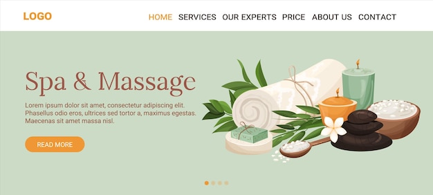 Landing page spa or beauty salon vector template Towel with candles, black hot stone, sea salt