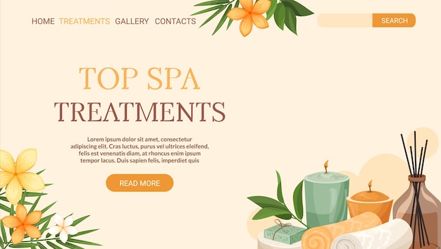 Landing page spa treatments Towel with candles exotic flowers bamboo leaves cosmetic bottles