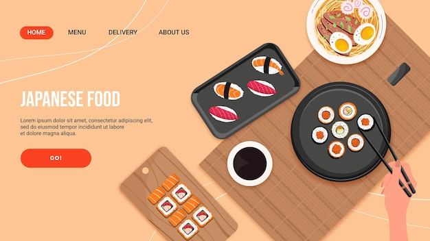 landing page for a sushi restaurant asian food online shopping delivery woman's hand holding roll