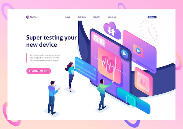 Vector landing page of the team is testing a new device, the smart watch