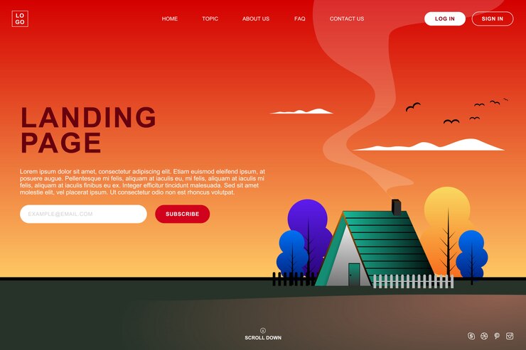 Vector landing page templat design with summer sunset background