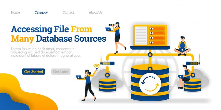 Vector landing page template. accessing file from many database source. communication between database to personal device