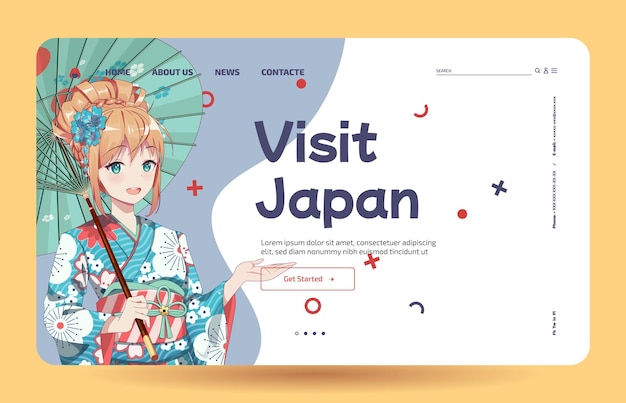 Modello di pagina di destinazione ragazza anime in kimono e ombrello