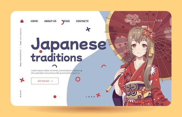 Landing page template anime girl in kimono and umbrella