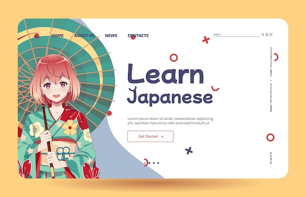 Landing page template Anime girl in kimono and umbrella