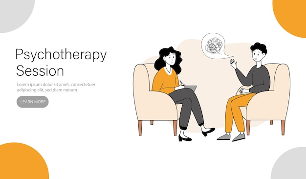 Vector landing page template or banner man is talking to a psychologist vector illustration