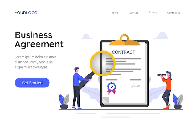 Vector landing page template of business agreement contract concept illustration.