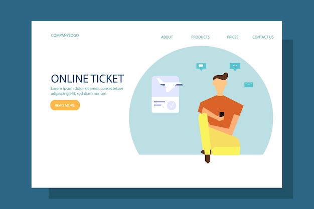 Landing page template. Buy a plane ticket online using your smartphone. Vector illustration.