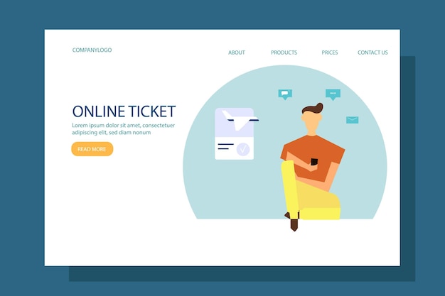 Шаблон целевой страницы. Купить билет на самолет онлайн с помощью смартфона. Векторная иллюстрация.