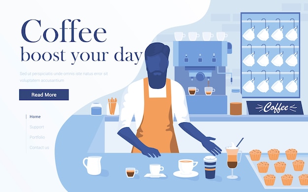 Vector landing page template of coffee shop. young man barista making coffee in  bar. modern    of web page  for website and mobile website.  illustration