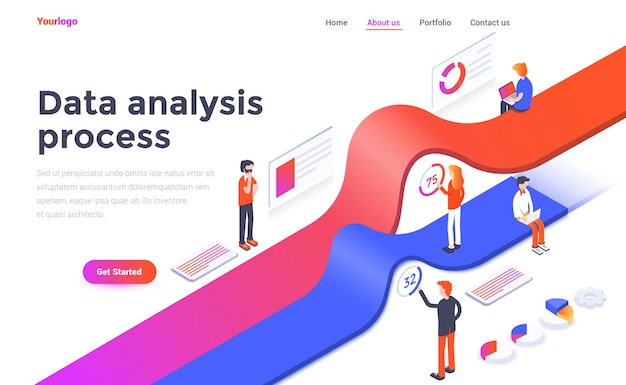 Modello di pagina di destinazione del processo di analisi dei dati in stile isometrico