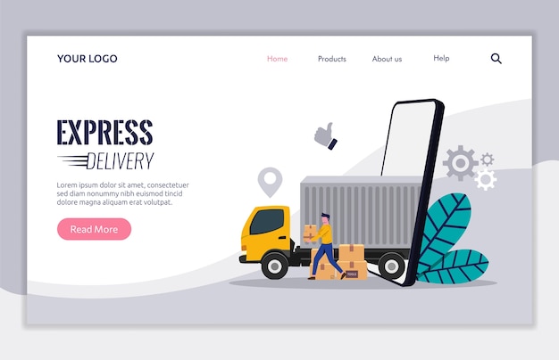 Landing page template of delivery service with trucking concept. courier character carrying box package to deliver to customer.