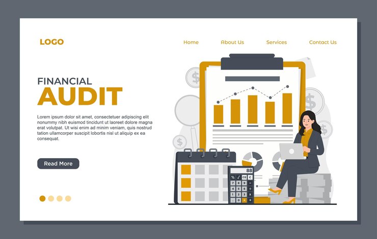 Vector landing page template designed for financial and business audit ensuring efficiency compliance