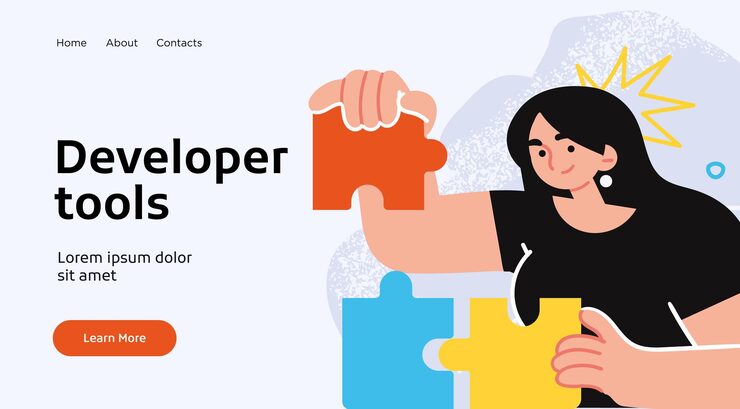 Vector landing page template of developing computer software coding and programming