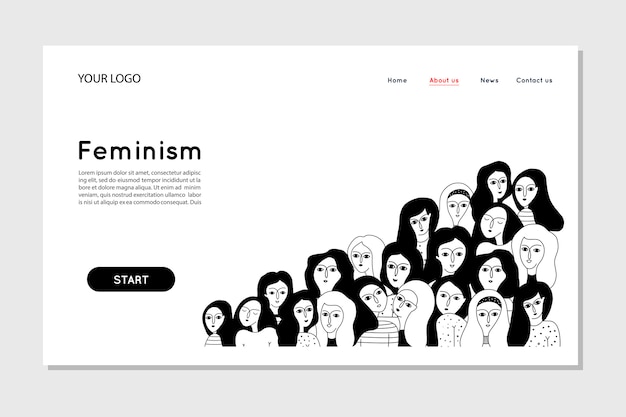 Modello di pagina di destinazione del femminismo. modello web della pagina di destinazione